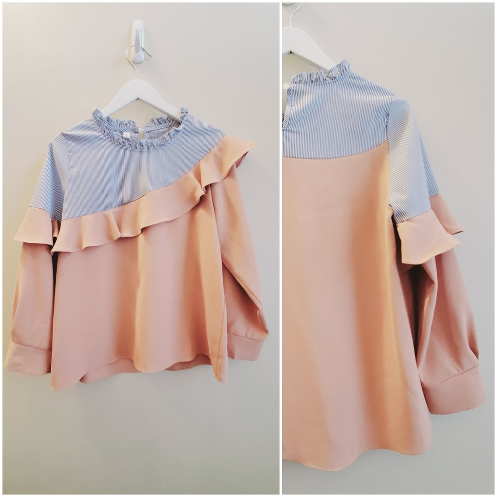 JuJu fun shirt with neck ruffles with 2 different types of the fabric
